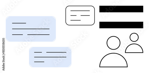 Speech bubbles, user icons, and equal sign design convey interaction, equality, and social connection. Ideal for communication, diversity, teamwork, equality discussion collaboration simplicity