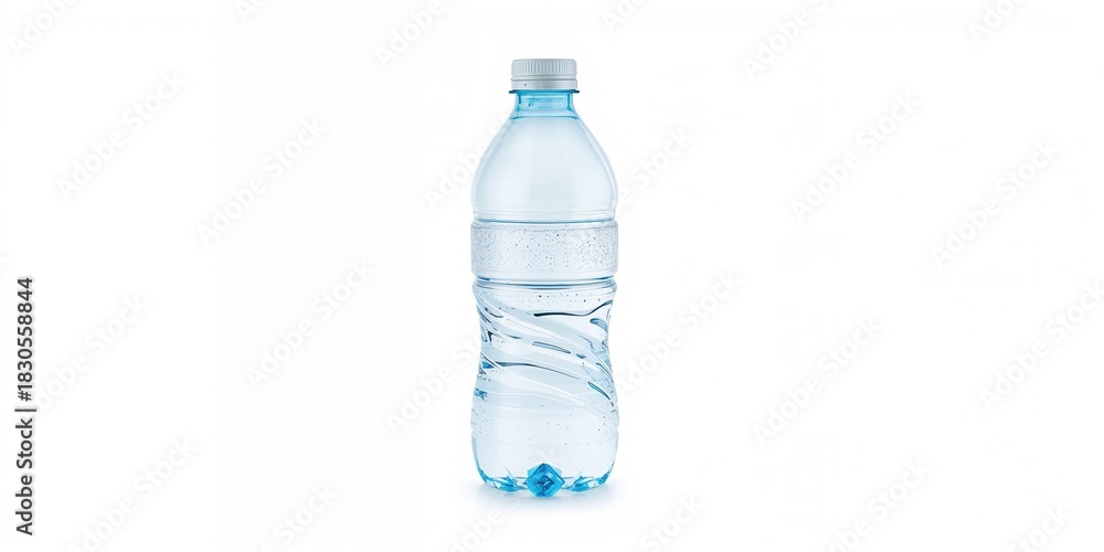 Fototapeta premium Small plastic water bottle on a white background used for hydration, emphasizing plastic waste awareness