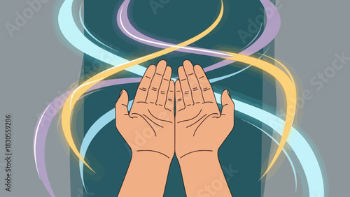 Hands holding energy flow, concept of healing, spirituality, and supernatural powers.