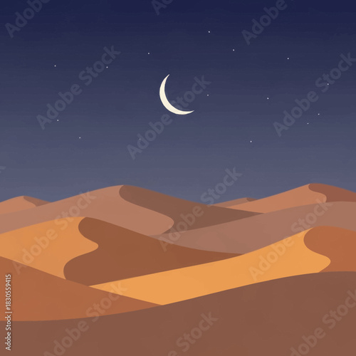 Scenic desert landscape with sand dunes under a night sky with crescent moon and stars.