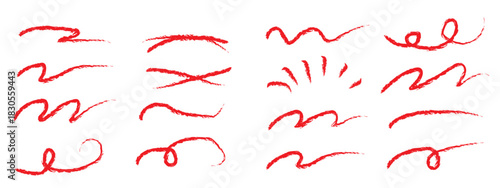 Line marker red underline set. Hand drawn red pen and brush stroke with underline accent, swoosh detail and squiggly sketch mark. vector set