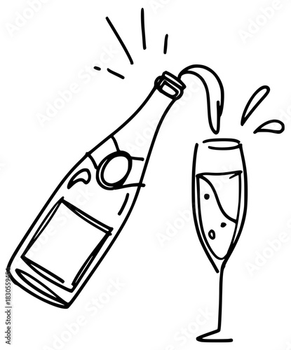 Champagne bottle pouring into flute line art