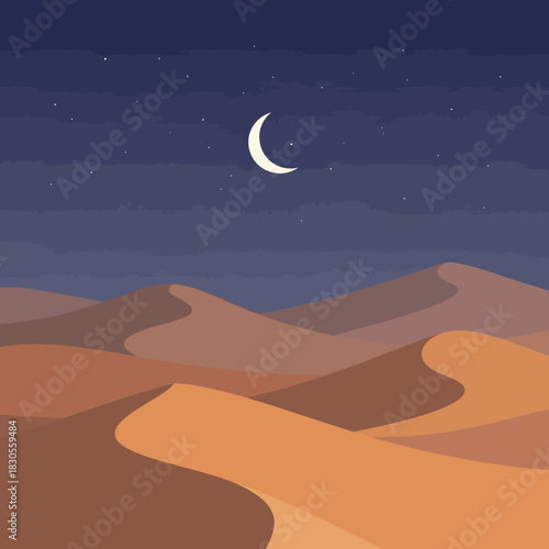 Illustration of sand dunes under a starry night sky with a crescent moon shining above.