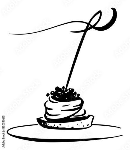 Gourmet canapés with caviar - line sketch