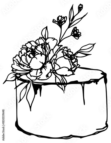 Elegant floral wedding cake with line art