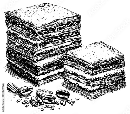 Vintage engraving of a Tiramisu coffee cake