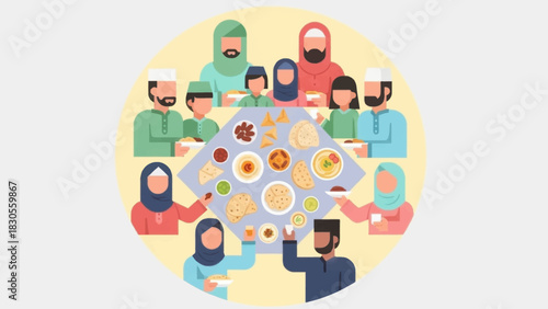 Muslim family together having iftar meal during ramadan. Religious traditions concept.