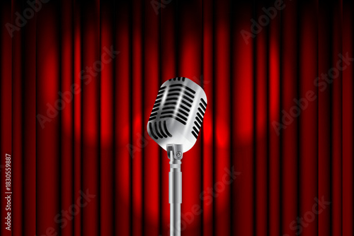 Open Mic Sign on Empty Theater Stage with Spotlight. Karaoke Party Night Live Show. Vintage Microphone Against Red Curtain Backdrop