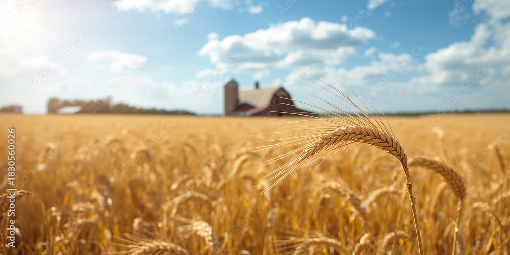 Naklejka premium Golden wheat and barley grass meadow on a sunny day, serving as a background for agricultural layout design