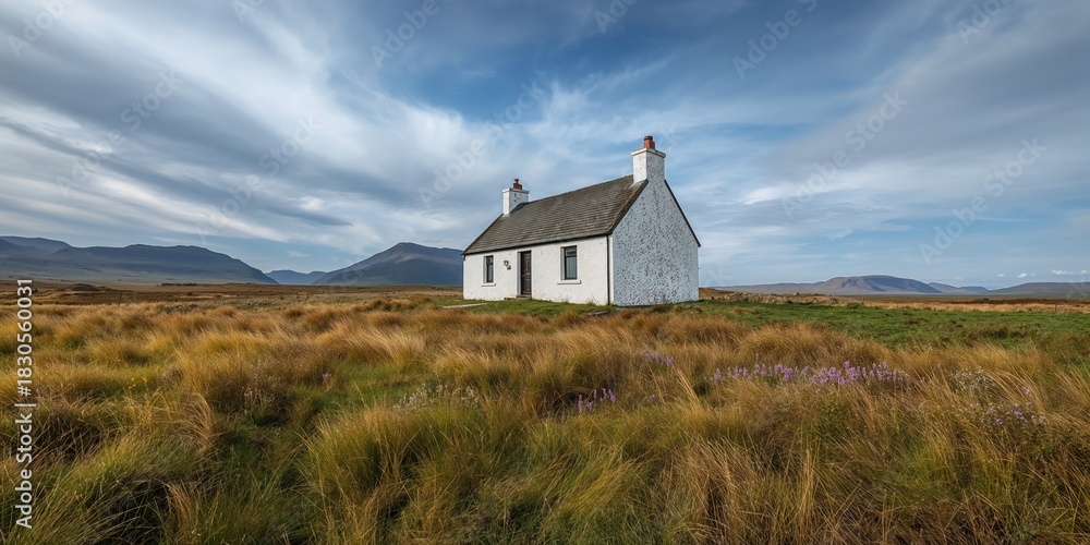 Obraz premium Black Rock Cottage under autumn sky with mountain landscape, emphasizing seasonal change and natural setting