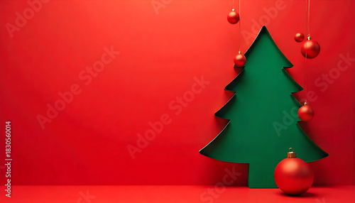 Minimalist Christmas scene with green tree cutout and red ornaments on red backdrop, 32K Resolution