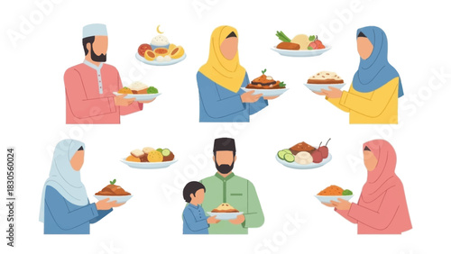 Muslim people holding plates with traditional food. Celebrating ramadan kareem. Vector.