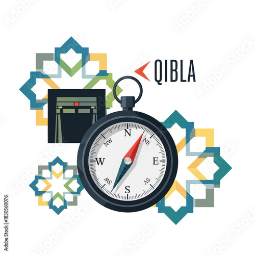 Qibla direction compass with kaaba and islamic pattern. Muslim prayer orientation concept.