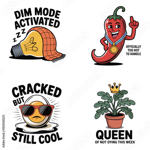 Four cartoon illustrations with funny text and food characters Keywords: light bulb, chili