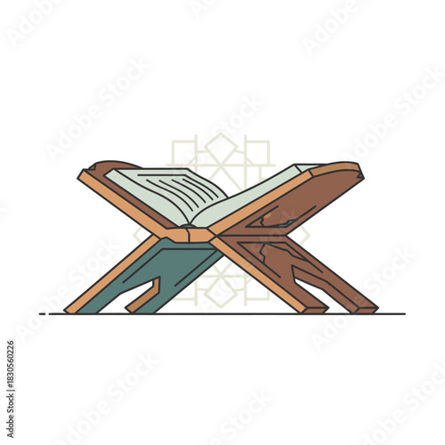 Open quran book on a wooden stand, a sacred text in islam, vector illustration.