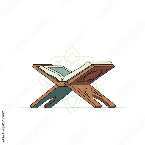 Quran book on a wooden stand with an islamic pattern, symbolizing faith and tradition.