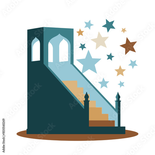 Minbar with stairs and stars, a mosque pulpit used for sermons in islamic tradition.