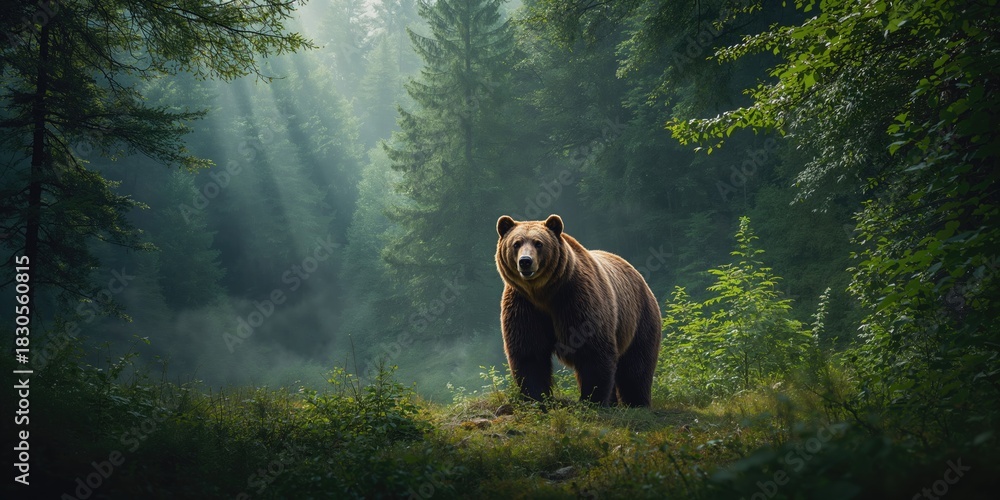 Obraz premium Lone grey wolf with dramatic lighting in Quebec forest, emphasizing predator focus