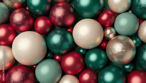 Assortment of round decorative Christmas ornaments in red teal cream and gold hues close up