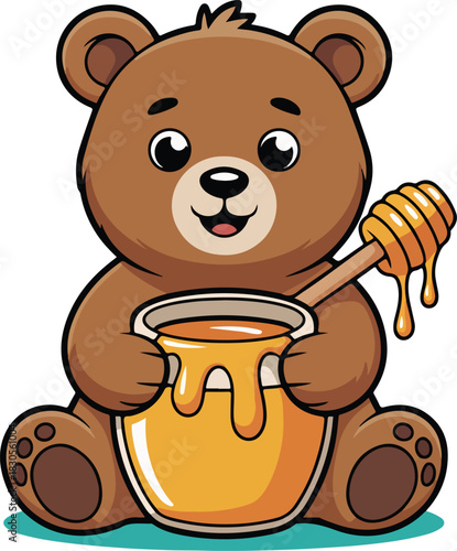 Cute cartoon bear vector happily holding a pot of golden honey with a wooden dipper isolated