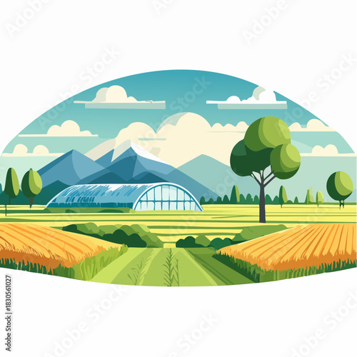 Vibrant illustration of a futuristic greenhouse nestled amidst rolling golden fields and distant mountains under a clear sky