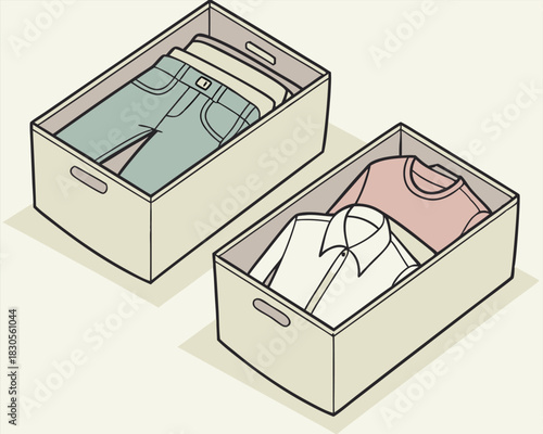 Isometric illustration of organized clothing in storage boxes with transparency for design projects