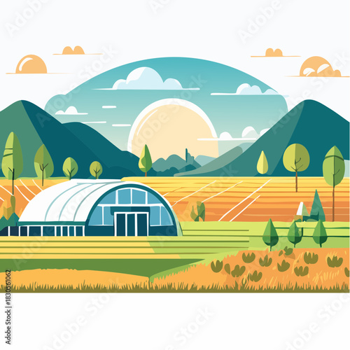 Scenic agricultural illustration of a greenhouse in a sunlit field with rolling hills and mountains