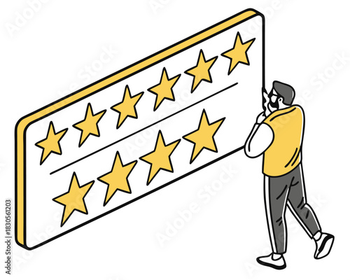 Man presenting customer ratings and reviews illustration on white with transparency