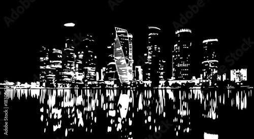Abstract grunge black silhouette vector illustration of city skyline with business people group concept banner