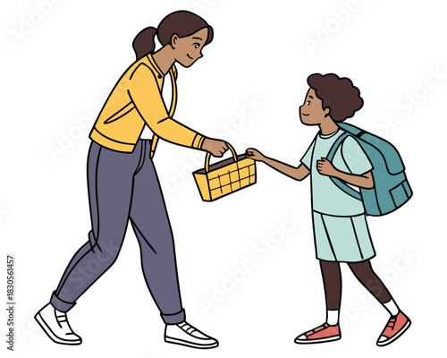 Mom giving a basket to her child preparing for school vector illustration on a white background