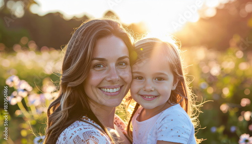 Fototapeta Naklejka Na Ścianę i Meble -  Smiling mother and daughter embrace in a sunlit meadow with wildflowers