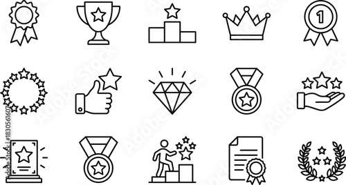 “Collection of achievement award outline icons featuring trophies, medals, stars, certificates, crowns, and recognition symbols in clean minimalist vector style”