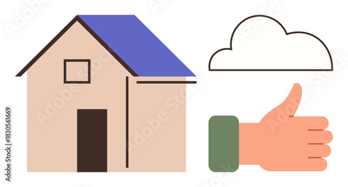 House with blue roof alongside a cloud and thumbs-up gesture. Ideal for sustainability, eco-living, real estate, approval, minimalism, smart homes, positive feedback. A simple flat metaphor