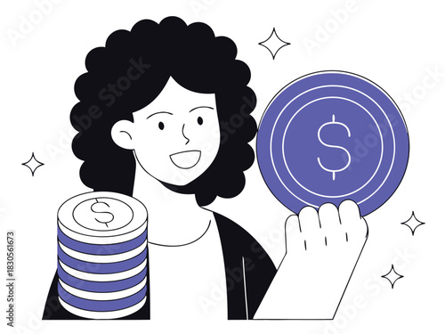 Smiling person holding coin and coins representing finance and investments with transparency