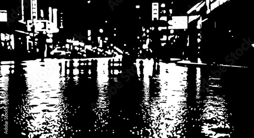 A black grunge urban city skyline illustration featuring industrial factory silhouettes against the night sky, perfect for vector design art