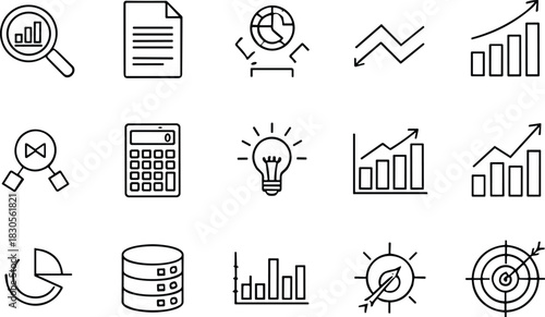 “Collection of business analytics icons featuring charts, graphs, data analysis symbols, reports, insights, strategy elements, and growth indicators in clean vector style”