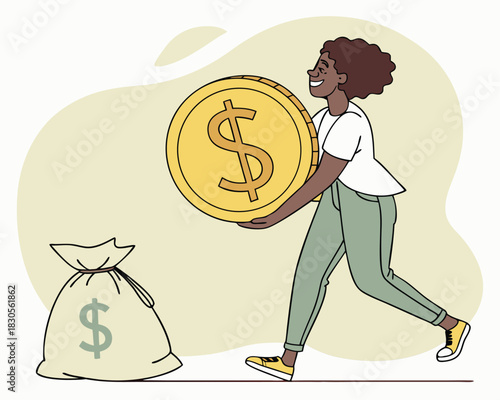 Wealthy woman smiling while carrying a huge golden dollar coin towards a money bag illustration