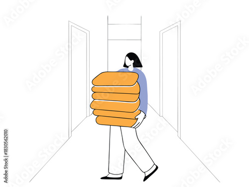 Woman in a corridor carrying stack of orange blankets on a white background
