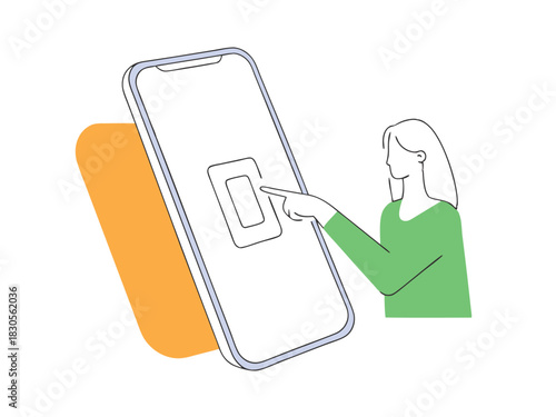 Woman interacting with smartphone touching screen icon minimalist illustration design