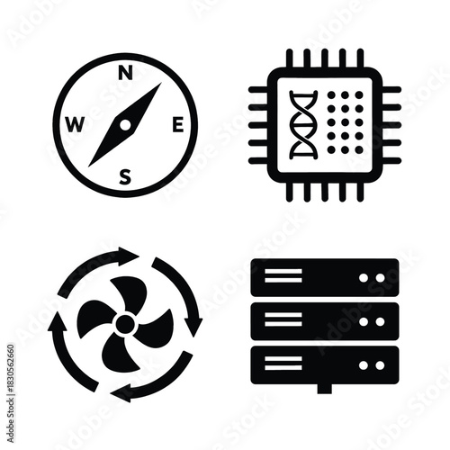 Four black icons: compass, CPU chip, fan, and server racks Keywords: icon, set, compass, navigation, direction