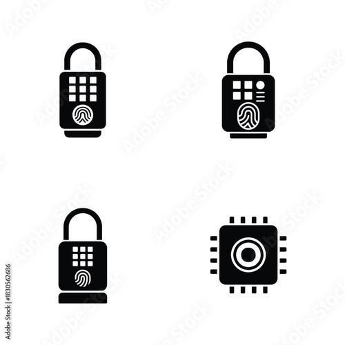 Fingerprint scanner smart locks and computer chip icons Keywords: fingerprint scanner, biometric lock, smart lock