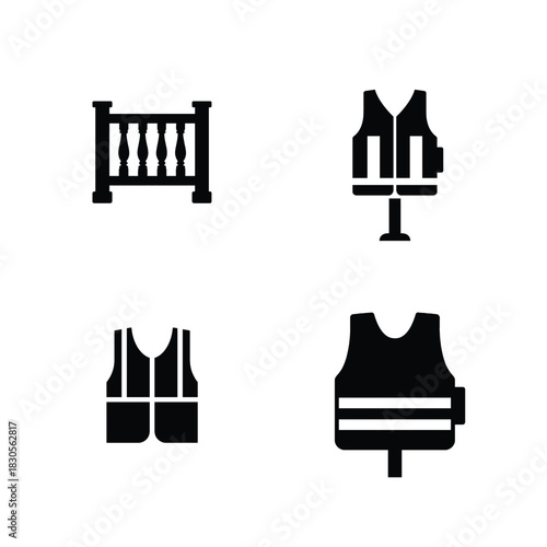 Four Black Icons Of A Railing And Three Safety Vests illustration