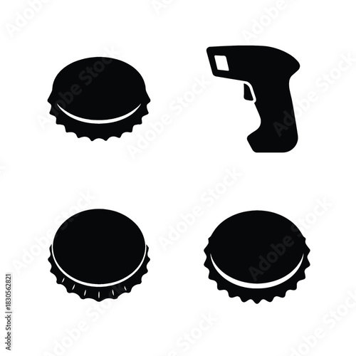 Four black icons including a barcode scanner and three bottle caps technology