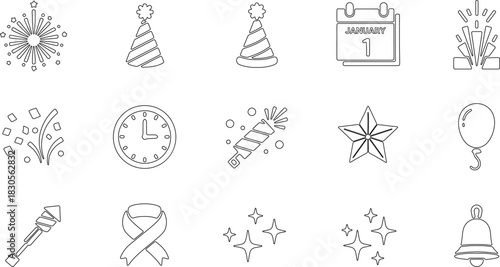 New year celebration party outline icons