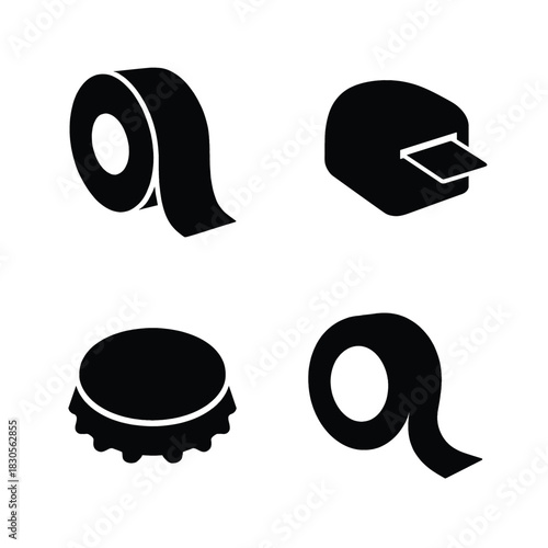 Four black icons of a tape roll, tape dispenser, bottle cap, and letter 'a letter a