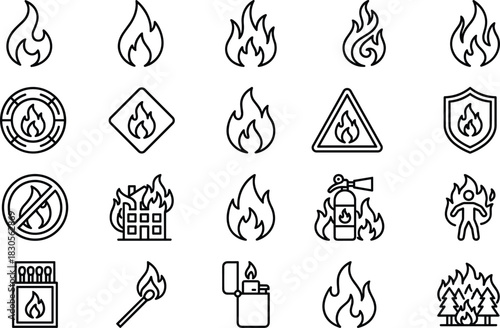 “Collection of fire safety and danger icons including flames, warnings, protection symbols, emergencies, extinguishers, and hazard signs in clean vector style”