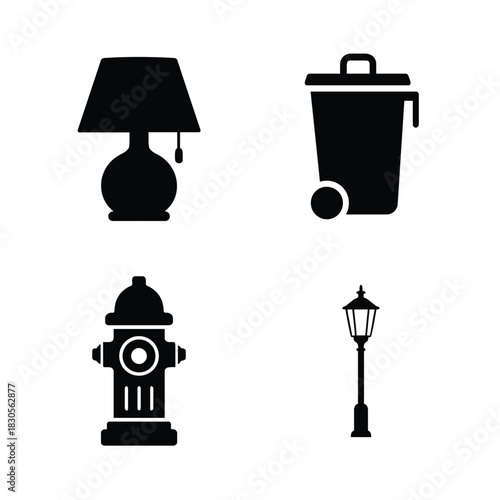 Four Black Icons Of A Table Lamp Trash Can Fire Hydrant And Street Lamp illustration