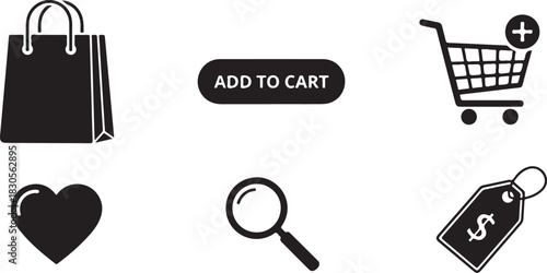 Black silhouette e-commerce vector icons on white background featuring shopping bag, add-to-cart button, wishlist heart, price tag, product search, minimal modern design