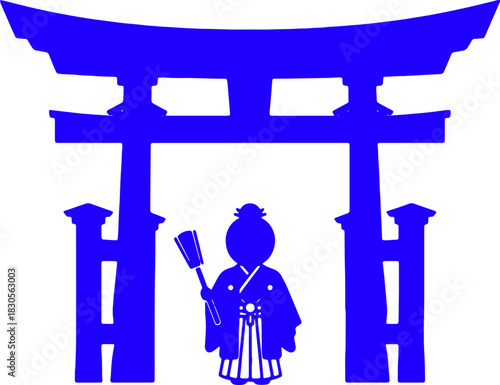 Japanese torii gate with traditional figure silhouette
