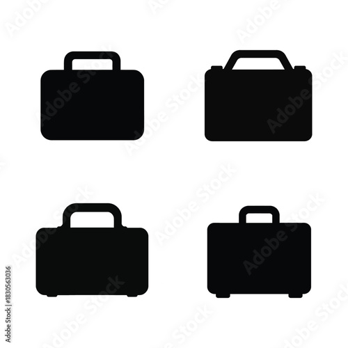Four black silhouette icons of briefcases on a white background luggage travel